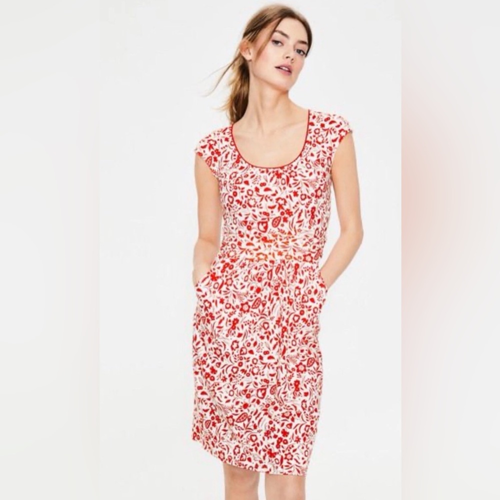 Boden Margot Jersey Dress Red & White US Sz 16 R Modal Cotton Pockets Cap Sleeve